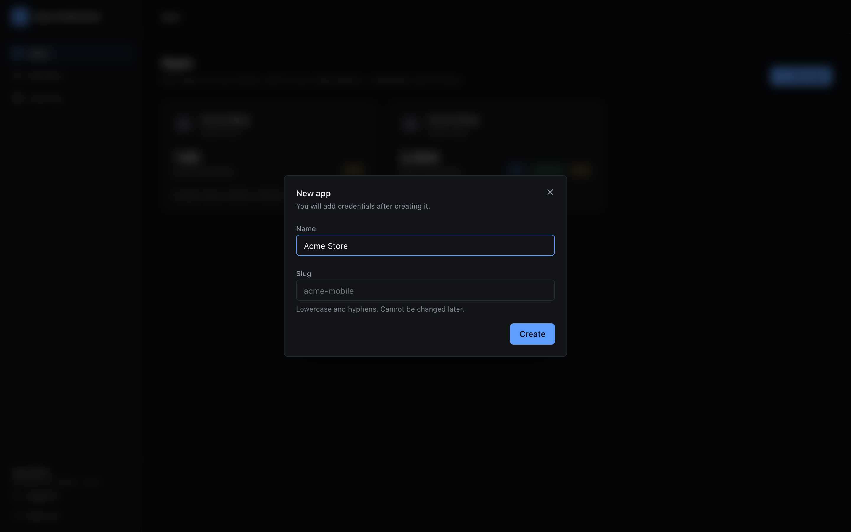 The dashboard's "New app" dialog