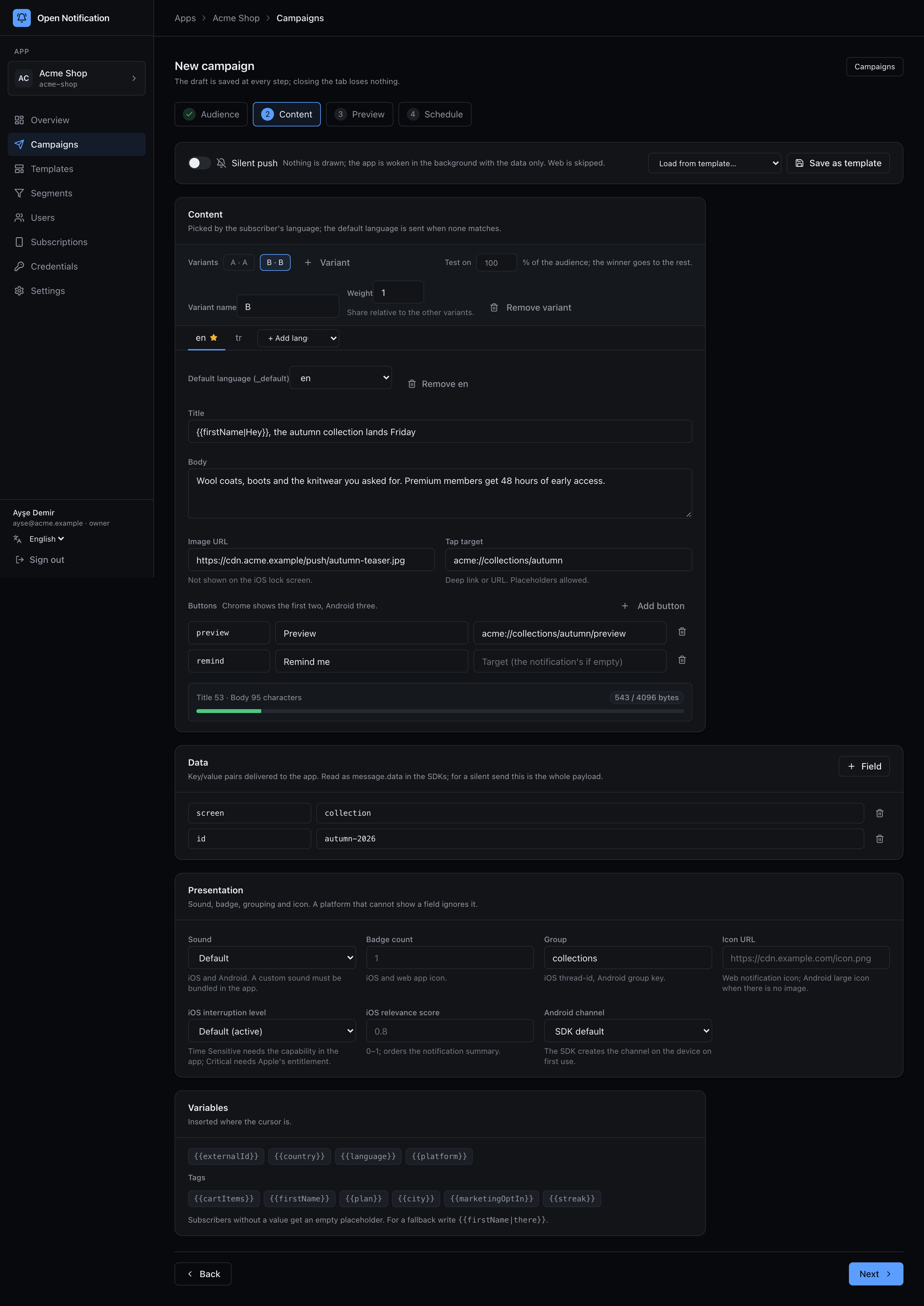 Content step with an A/B test open