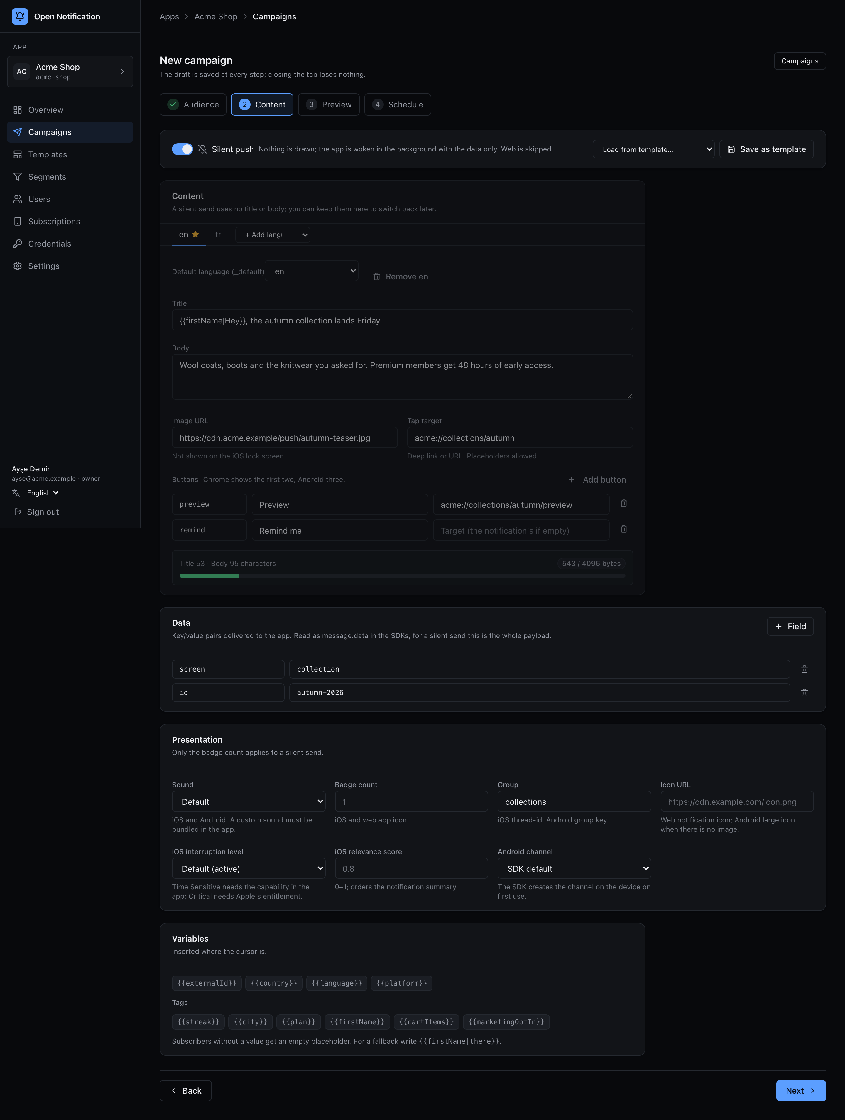 Content step with silent push on