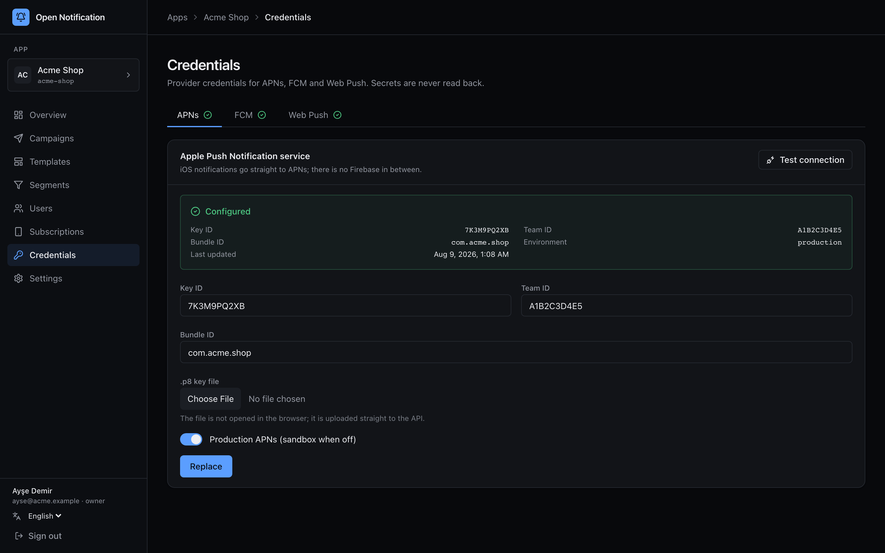 Credentials page, APNs tab
