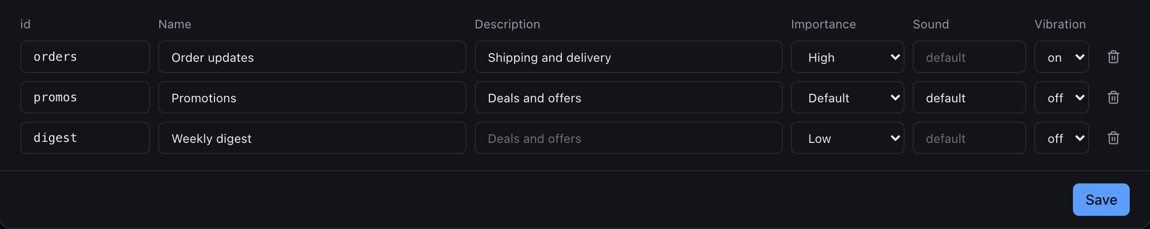 Android channels in settings