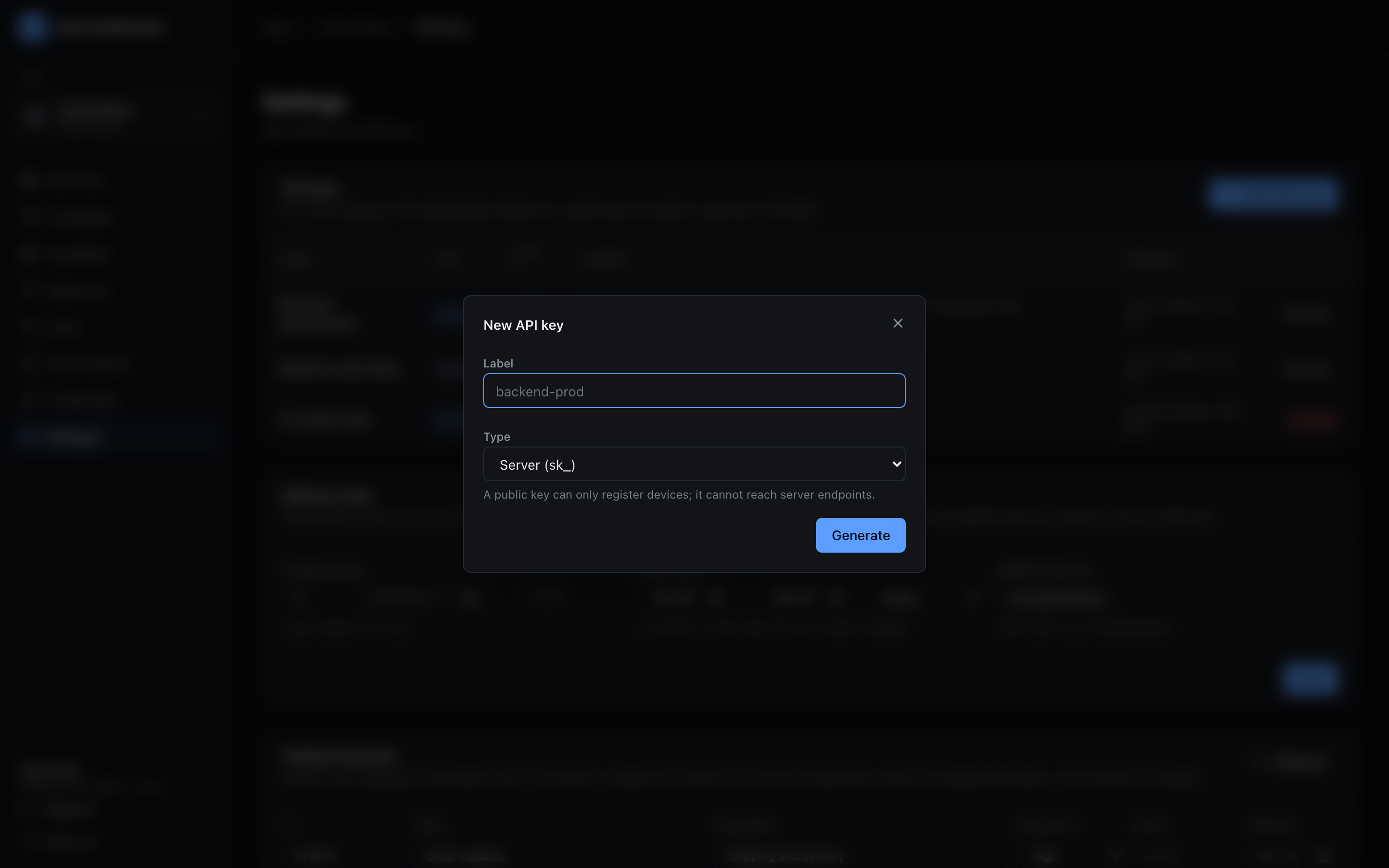 The Generate key dialog