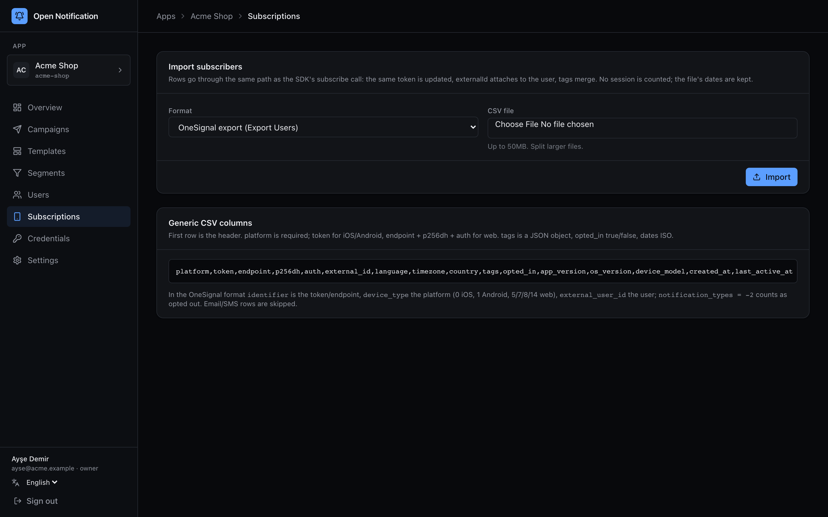 The import page